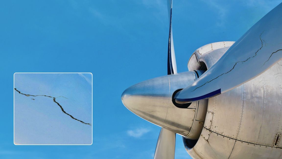 Skydio inspection drone capture of crack in a plane's propeller