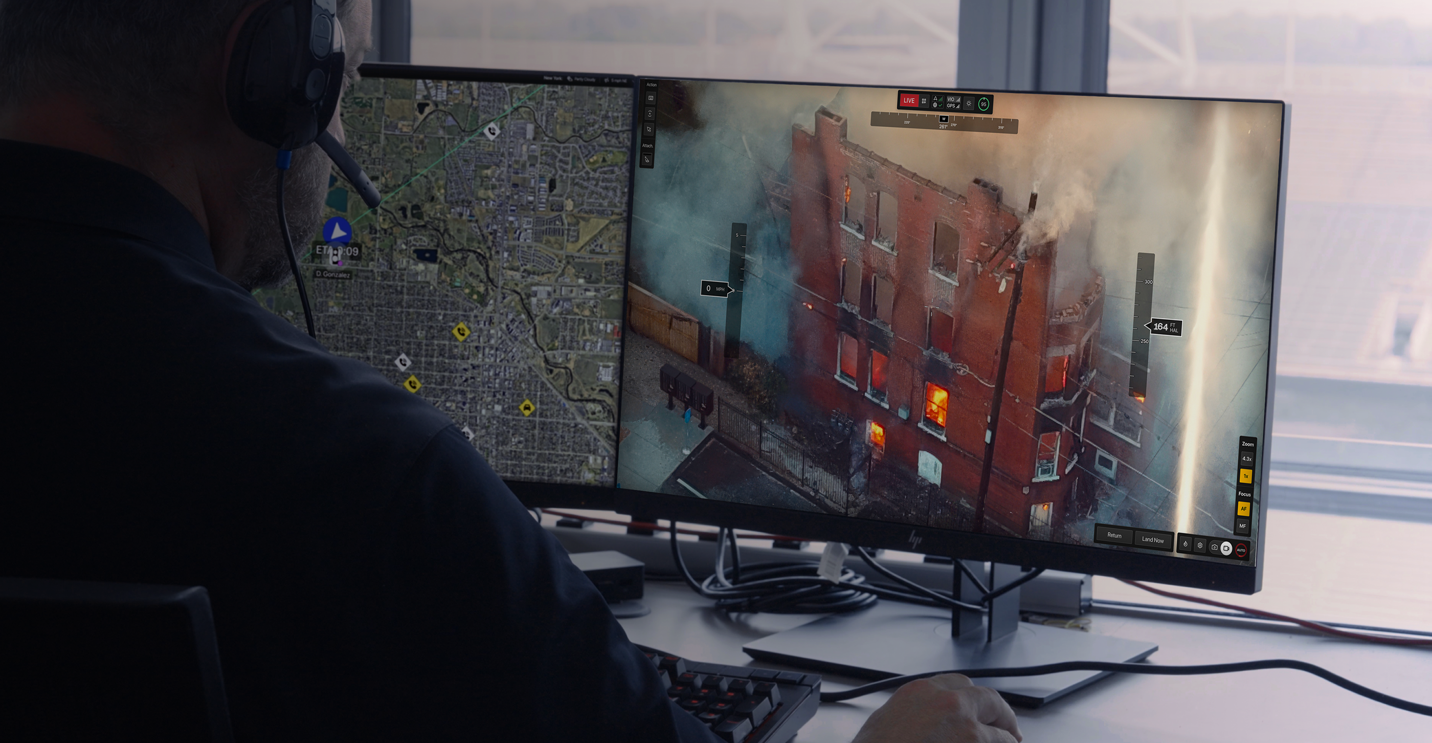 remote drone operator viewing a live stream from a Skydio X10 drone at a fire