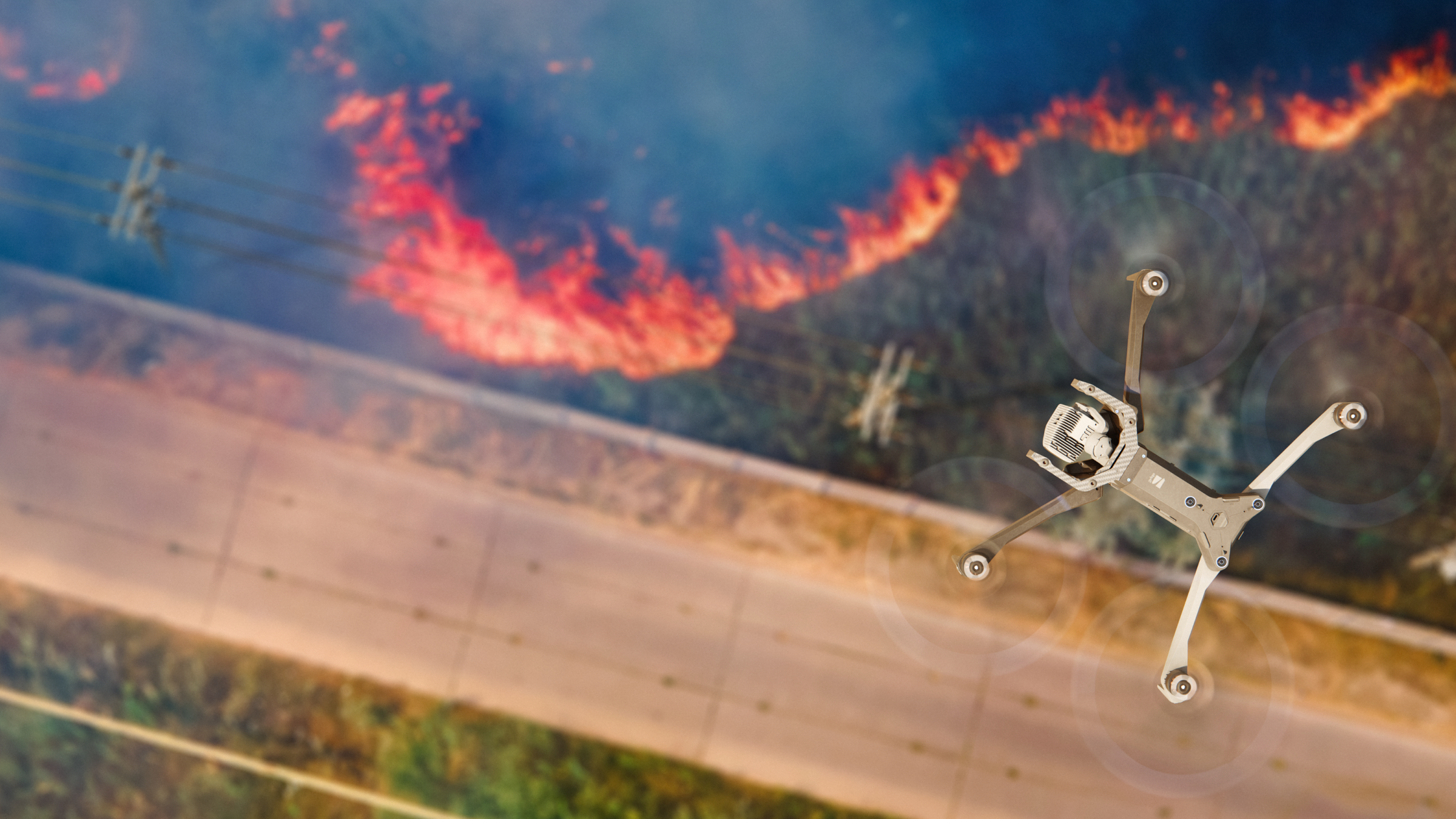 Skydio X10 respondes to wildfire approaching utility power lines assessing damage 