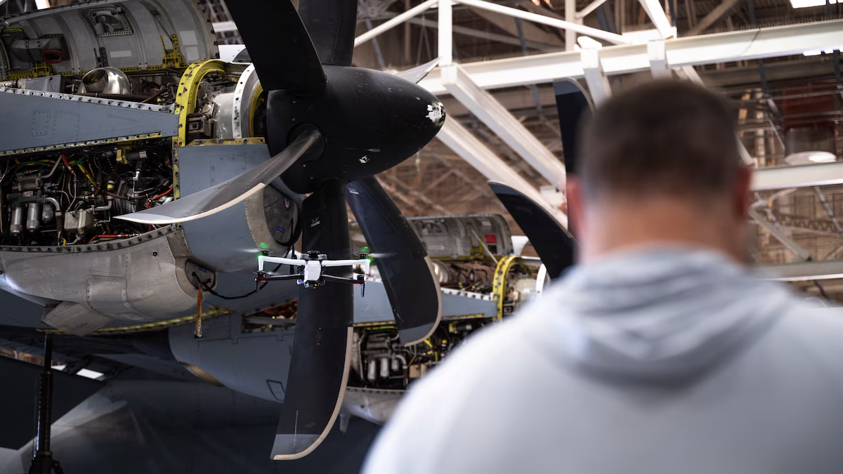 Skydio X10 capturing images for a plane inspection