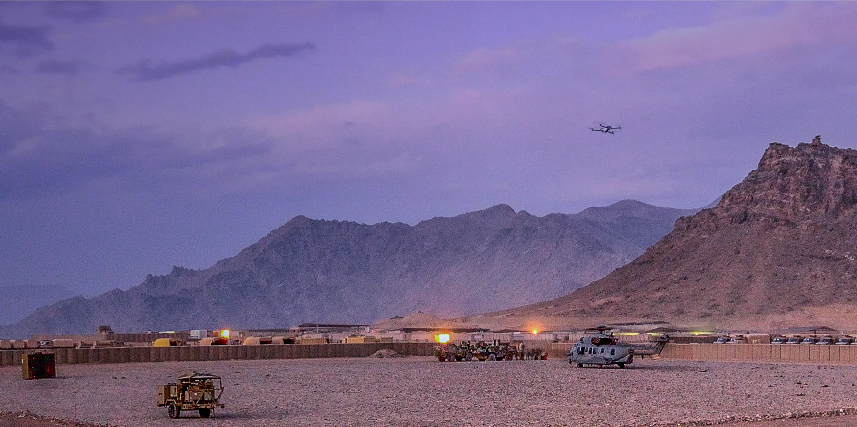 Skydio X10D drone flying over a base
