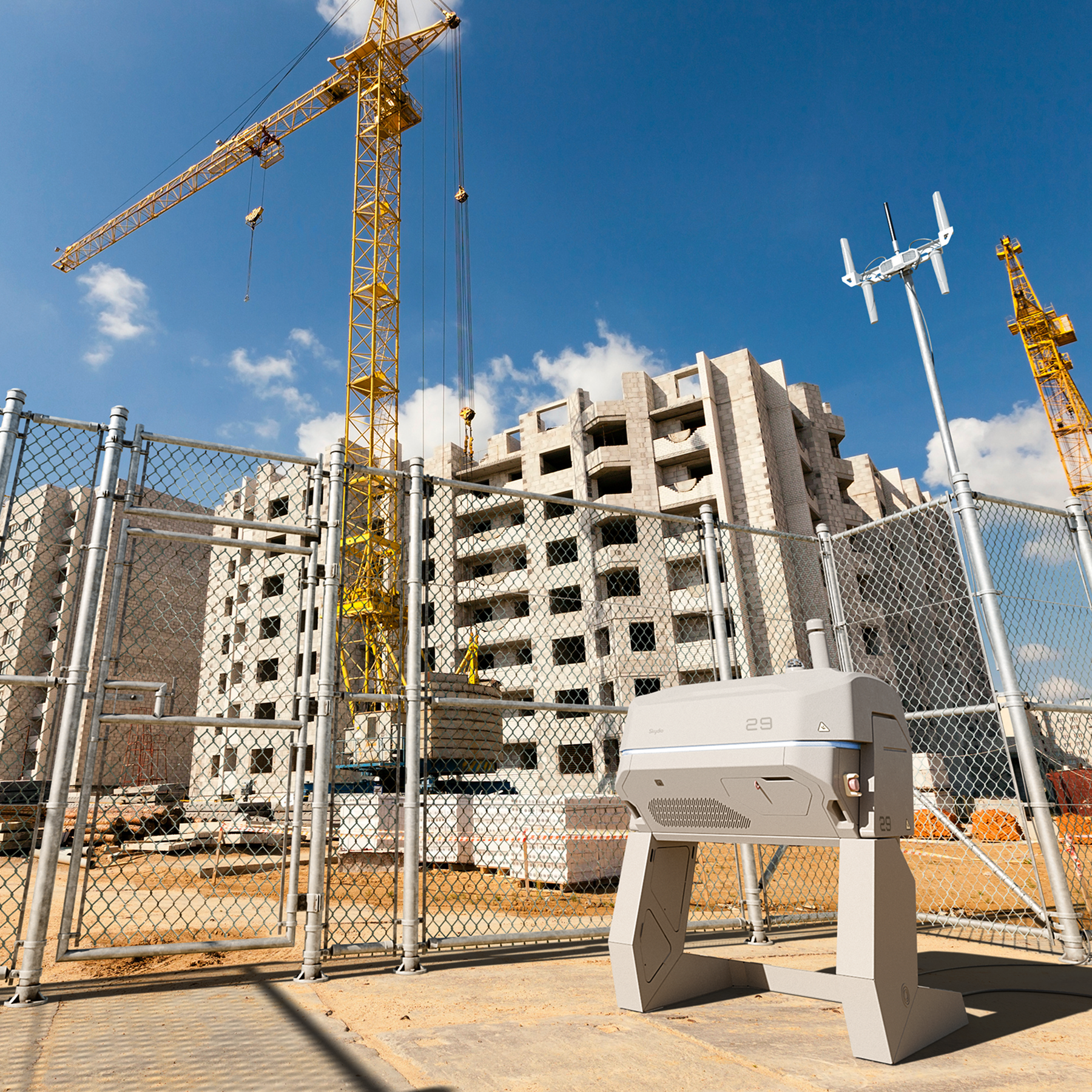drone launching remotely at empty construction site after hours