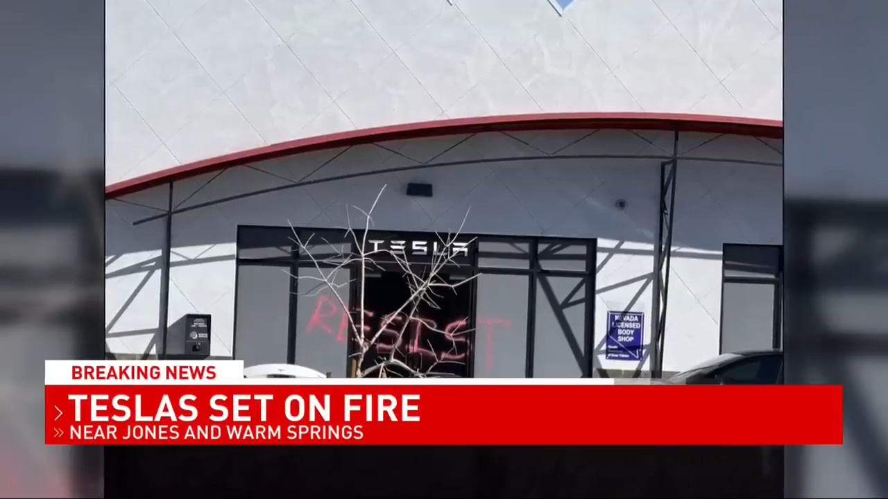 image of a news report about vandalism at Tesla dealerships shown from a Skydio X10 police drone