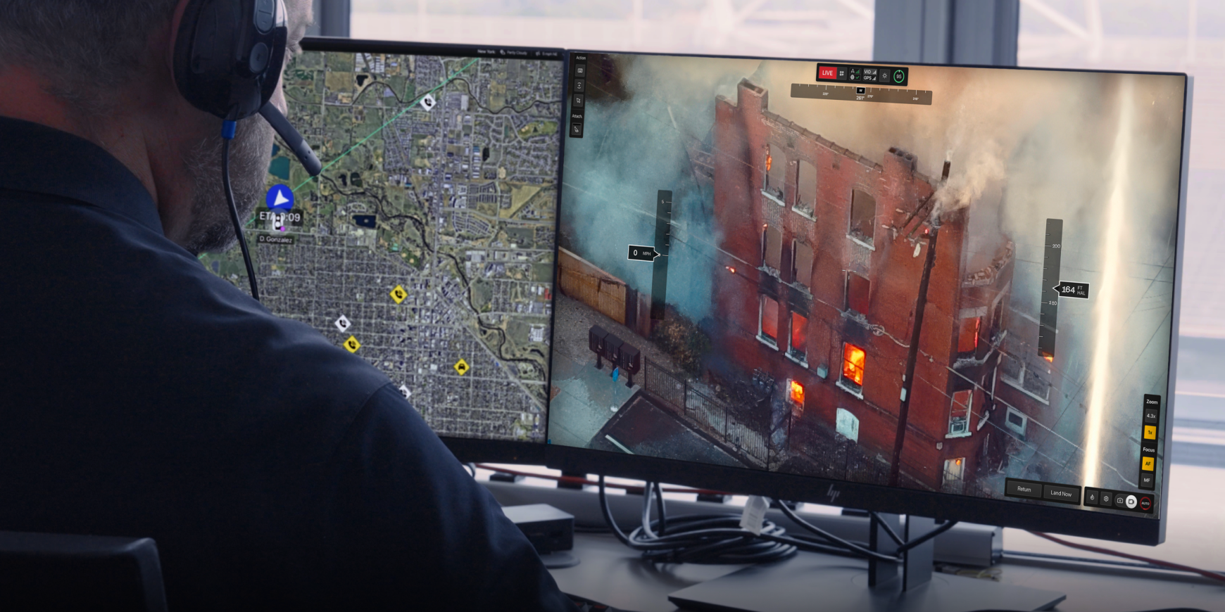 drone operator flying a Skydio X10 drone remotely and viewing live stream of a fire using Skydio DFR Command