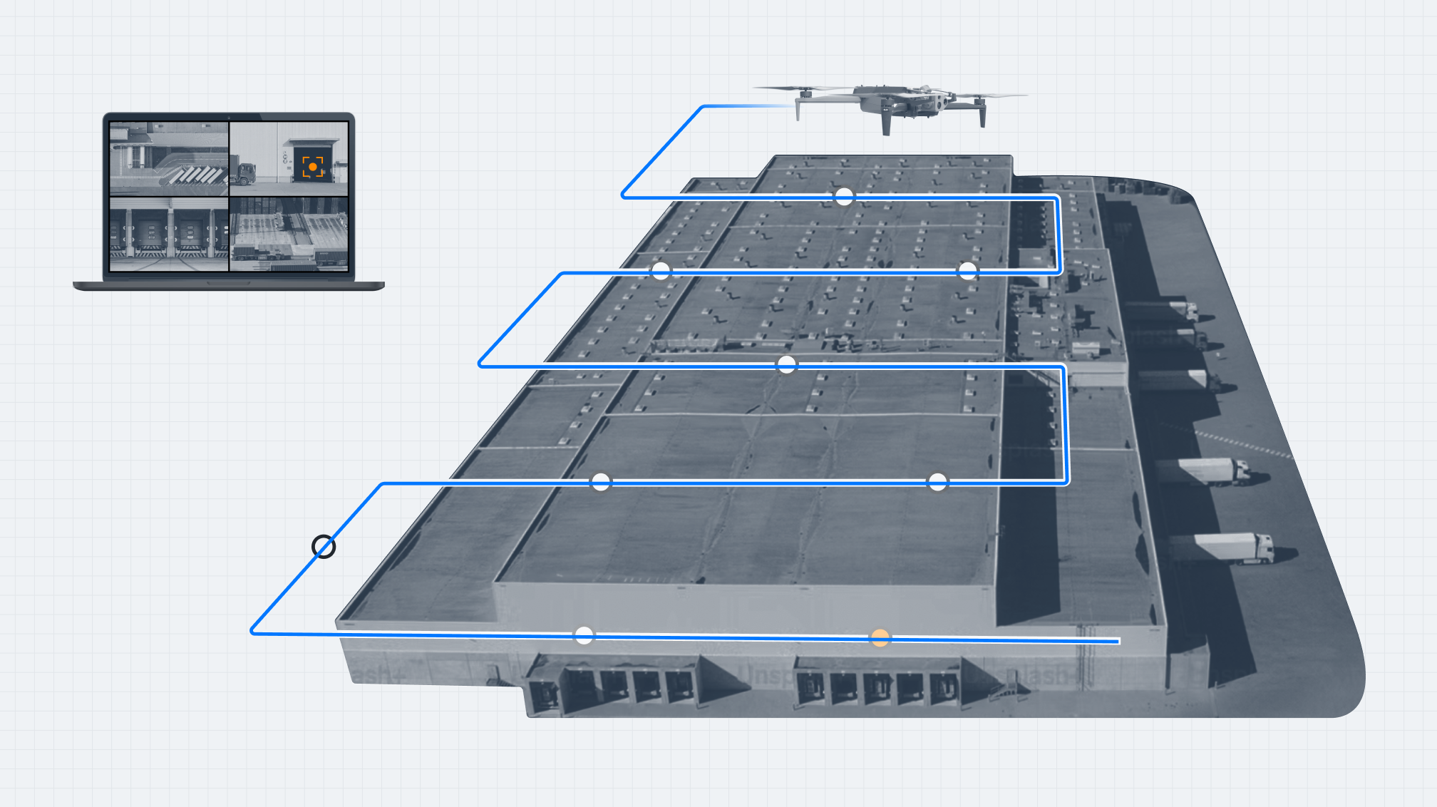 Skydio X10 drone flying security detail  route